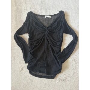 Elodie‎ Size Medium Sheer Mesh Top Ruched Long Sleeve Blouse Twist Front Black